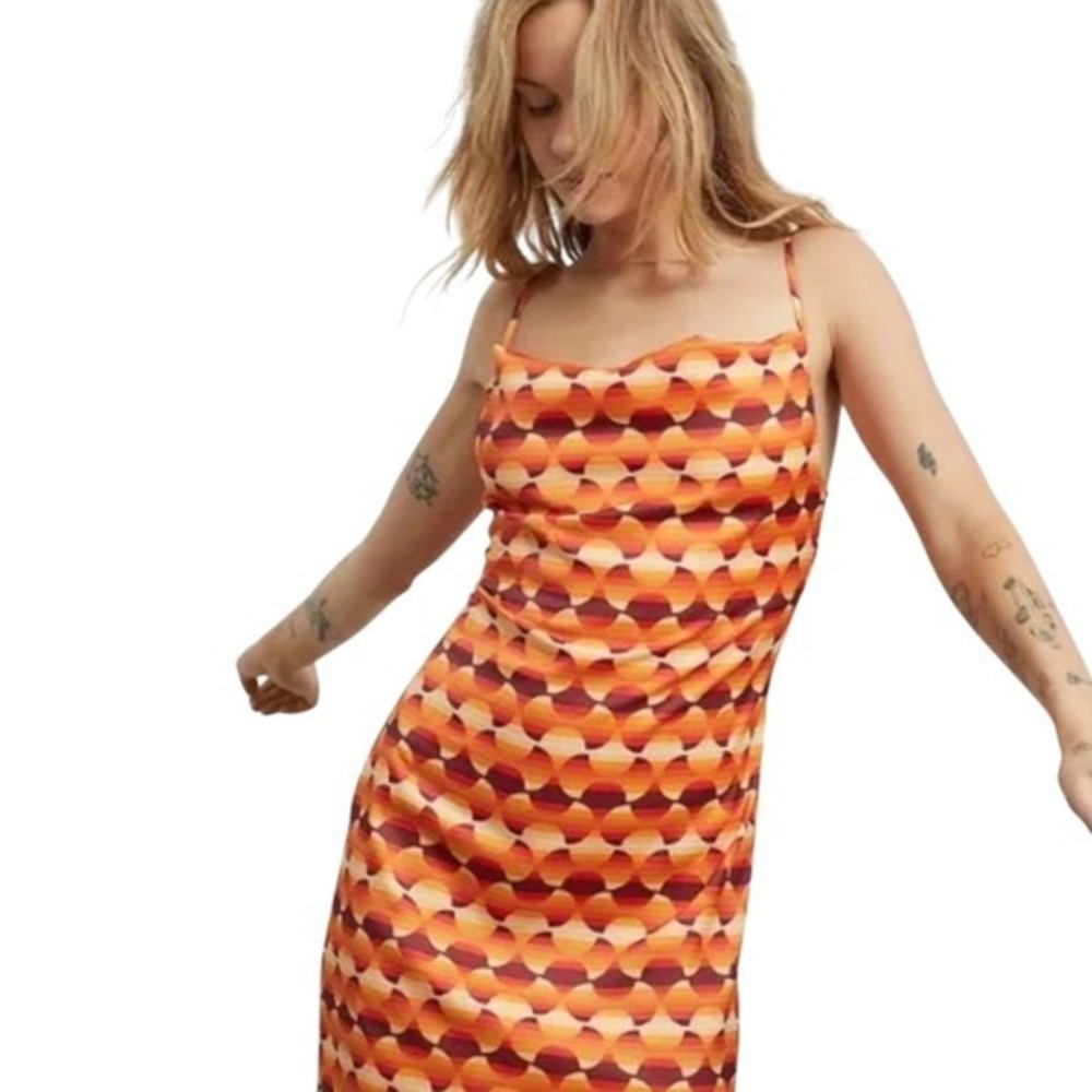 Urban Outfitters Retro Geometric Print Cowl Neck Slip Mini Dress Orange Yellow
